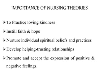 IMPORTANCE OF NURSING THEORIES
To Practice loving kindness
Instill faith & hope
Nurture individual spiritual beliefs and practices
Develop helping-trusting relationships
Promote and accept the expression of positive &
negative feelings.
 