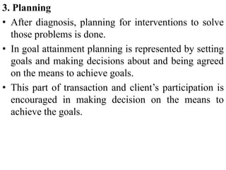 3. Planning
• After diagnosis, planning for interventions to solve
those problems is done.
• In goal attainment planning is represented by setting
goals and making decisions about and being agreed
on the means to achieve goals.
• This part of transaction and client’s participation is
encouraged in making decision on the means to
achieve the goals.
 