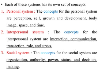 • Each of these systems has its own set of concepts.
1. Personal system : The concepts for the personal system
are perception, self, growth and development, body
image, space, and time.
2. Interpersonal system : The concepts for the
interpersonal system are interaction, communication,
transaction, role, and stress.
3. Social system : The concepts for the social system are
organization, authority, power, status, and decision-
making.
 