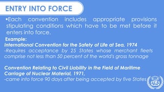 ENTRY INTO FORCE
Each convention includes appropriate provisions
stipulating conditions which have to be met before it
enters into force.
Example:
International Convention for the Safety of Life at Sea, 1974
-Requires acceptance by 25 States whose merchant fleets
comprise not less than 50 percent of the world's gross tonnage
Convention Relating to Civil Liability in the Field of Maritime
Carriage of Nuclear Material, 1971,
-came into force 90 days after being accepted by five States
 