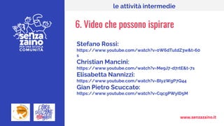 www.senzazaino.it
le attività intermedie
6. Video che possono ispirare
Stefano Rossi:
https://www.youtube.com/watch?v=0W6dTutdZ3w&t=60
s
Christian Mancini:
https://www.youtube.com/watch?v=Me9J7-d7rtE&t=7s
Elisabetta Nannizzi:
https://www.youtube.com/watch?v=BIy2WgP7Q44
Gian Pietro Scuccato:
https://www.youtube.com/watch?v=CqcgPWyID5M
 