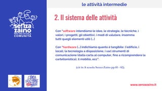 www.senzazaino.it
le attività intermedie
2. II sistema delle attività
Con “software intendiamo le idee, le strategie, le tecniche, i
valori, i progetti, gli obiettivi, i modi di valutare, insomma
tutti quegli elementi utili [...]
Con “hardware [...] indichiamo quanto è tangibile: l’edificio, i
locali, la tecnologia a disposizione, i vari strumenti di
comunicazione (dalla carta al computer, fino a ricomprendere la
cartellonistica), il mobilio, ecc”.
(cit in A scuola Senza Zaino pp.81 - 82).
 