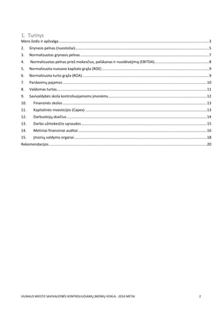 VILNIAUS MIESTO SAVIVALDYBĖS KONTROLIUOJAMŲ ĮMONIŲ VEIKLA - 2016 METAI 2
1. Turinys
Mero žodis ir apžvalga..................................................................................................................................................3
2. Grynasis pelnas (nuostoliai)..................................................................................................................................5
3. Normalizuotas grynasis pelnas.............................................................................................................................7
4. Normalizuotas pelnas prieš mokesčius, palūkanas ir nusidėvėjimą (EBITDA).....................................................8
5. Normalizuota nuosavo kapitalo grąža (ROE)........................................................................................................9
6. Normalizuota turto grąža (ROA)...........................................................................................................................9
7. Pardavimų pajamos............................................................................................................................................10
8. Valdomas turtas..................................................................................................................................................11
9. Savivaldybės skola kontroliuojamoms įmonėms................................................................................................12
10. Finansinės skolos............................................................................................................................................13
11. Kapitalinės investicijos (Capex) ......................................................................................................................13
12. Darbuotojų skaičius ........................................................................................................................................14
13. Darbo užmokesčio sąnaudos..........................................................................................................................15
14. Metiniai finansiniai auditai.............................................................................................................................16
15. Įmonių valdymo organai.................................................................................................................................18
Rekomendacijos .........................................................................................................................................................20
 