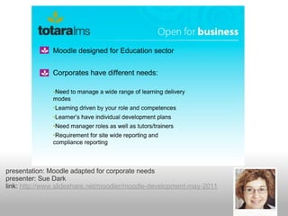 presentation: Moodle adapted for corporate needs
presenter: Sue Dark
link: http://www.slideshare.net/moodler/moodle-development-may-2011
 