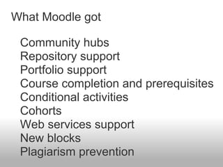 What Moodle got

 Community hubs
 Repository support
 Portfolio support
 Course completion and prerequisites
 Conditional activities
 Cohorts
 Web services support
 New blocks
 Plagiarism prevention
 