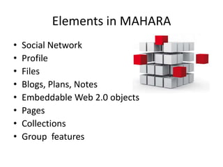 Elements in MAHARA
• Social Network
• Profile
• Files
• Blogs, Plans, Notes
• Embeddable Web 2.0 objects
• Pages
• Collections
• Group features
 
