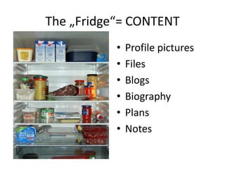 The „Fridge“= CONTENT
• Profile pictures
• Files
• Blogs
• Biography
• Plans
• Notes
 