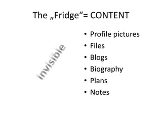 The „Fridge“= CONTENT
• Profile pictures
• Files
• Blogs
• Biography
• Plans
• Notes
 