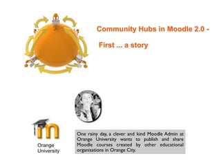 Community Hubs in Moodle 2.0 -

                      First ... a story




             One rainy day, a clever and kind Moodle Admin at
             Orange University wants to publish and share
Orange       Moodle courses created by other educational
University   organisations in Orange City.
 