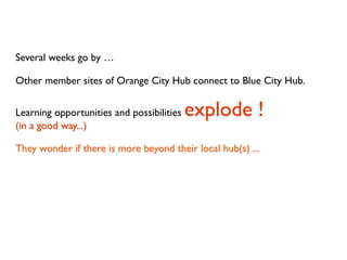 Several weeks go by …

Other member sites of Orange City Hub connect to Blue City Hub.


Learning opportunities and possibilities   explode !
(in a good way...)

They wonder if there is more beyond their local hub(s) ...
 