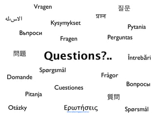 Vragen
!"‫ا%سء‬                                                 !"न
                    Kysymykset
                                                                    Pytania
    Въпроси
                       Fragen                                Perguntas


                   Questions?..                                     Întrebări
              Spørgsmål
Domande                                                 Frågor
                                                                   Вопросы
                     Cuestiones
         Pitanja

Otázky                  Ερωτήσεις
                          www.mylearningspace.com.au
                                                                   Spørsmål
 