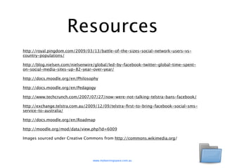 Resources
http://royal.pingdom.com/2009/03/13/battle-of-the-sizes-social-network-users-vs-
country-populations/

http://blog.nielsen.com/nielsenwire/global/led-by-facebook-twitter-global-time-spent-
on-social-media-sites-up-82-year-over-year/

http://docs.moodle.org/en/Philosophy

http://docs.moodle.org/en/Pedagogy

http://www.techcrunch.com/2007/07/27/now-were-not-talking-telstra-bans-facebook/

http://exchange.telstra.com.au/2009/12/09/telstra-ﬁrst-to-bring-facebook-social-sms-
service-to-australia/

http://docs.moodle.org/en/Roadmap

http://moodle.org/mod/data/view.php?id=6009

Images sourced under Creative Commons from http://commons.wikimedia.org/




                                  www.mylearningspace.com.au
 