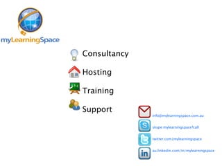 Consultancy

Hosting

Training

Support
              info@mylearningspace.com.au


              skype:mylearningspace?call


              twitter.com/mylearningspace


              au.linkedin.com/in/mylearningspace
 