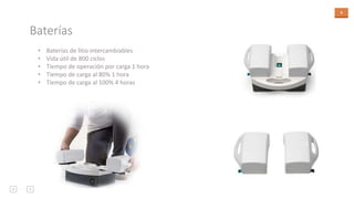 6
• Baterías de litio intercambiables
• Vida útil de 800 ciclos
• Tiempo de operación por carga 1 hora
• Tiempo de carga al 80% 1 hora
• Tiempo de carga al 100% 4 horas
Baterías
 