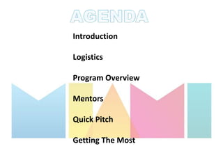 Introduction

Logistics

Program Overview

Mentors

Quick Pitch

Getting The Most
 