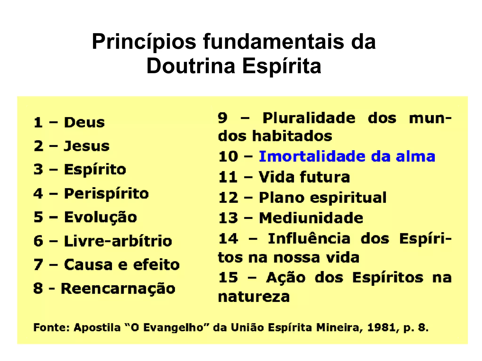 “Demonstrando a existência e a imortalidade
da alma, o Espiritismo reaviva a fé no futuro,
levanta os ânimos abatidos, faz suportar com
resignação as vicissitudes da vida.” (O Livro dos
Espíritos)
“Todos os fenômenos espíritas têm por prin-
cípio a existência da alma, sua sobrevivên-
cia ao corpo e suas manifestações.” (KARDEC,
LM, 1ª parte, cap. II, item 14)
 
