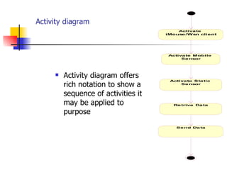 Activity diagram Activity diagram offers rich notation to show a sequence of activities it may be applied to purpose 