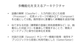 多機能化を支えるアーキテクチャ
• 話題の解釈（Classifier）、入力内容に応じた処理
（Processor）、応答メッセージの組み立て（Composer）
を仕組として分割。既存部分に影響なく新機能を追加可能
• 似て非なる対話（最寄駅の登録と時刻表検索など）は、抽
象化した対話フローを継承して開発することで、開発ス
ピードアップと保守の効率化を実現
• 対話の文脈（Session）やユーザー情報の取得・保存をア
プリロジックから容易に利用可能にした（Getter/Setter）
 