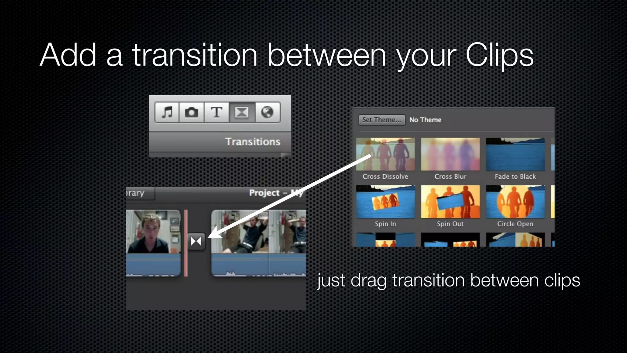 Add a transition between your Clips




                   just drag transition between clips
 