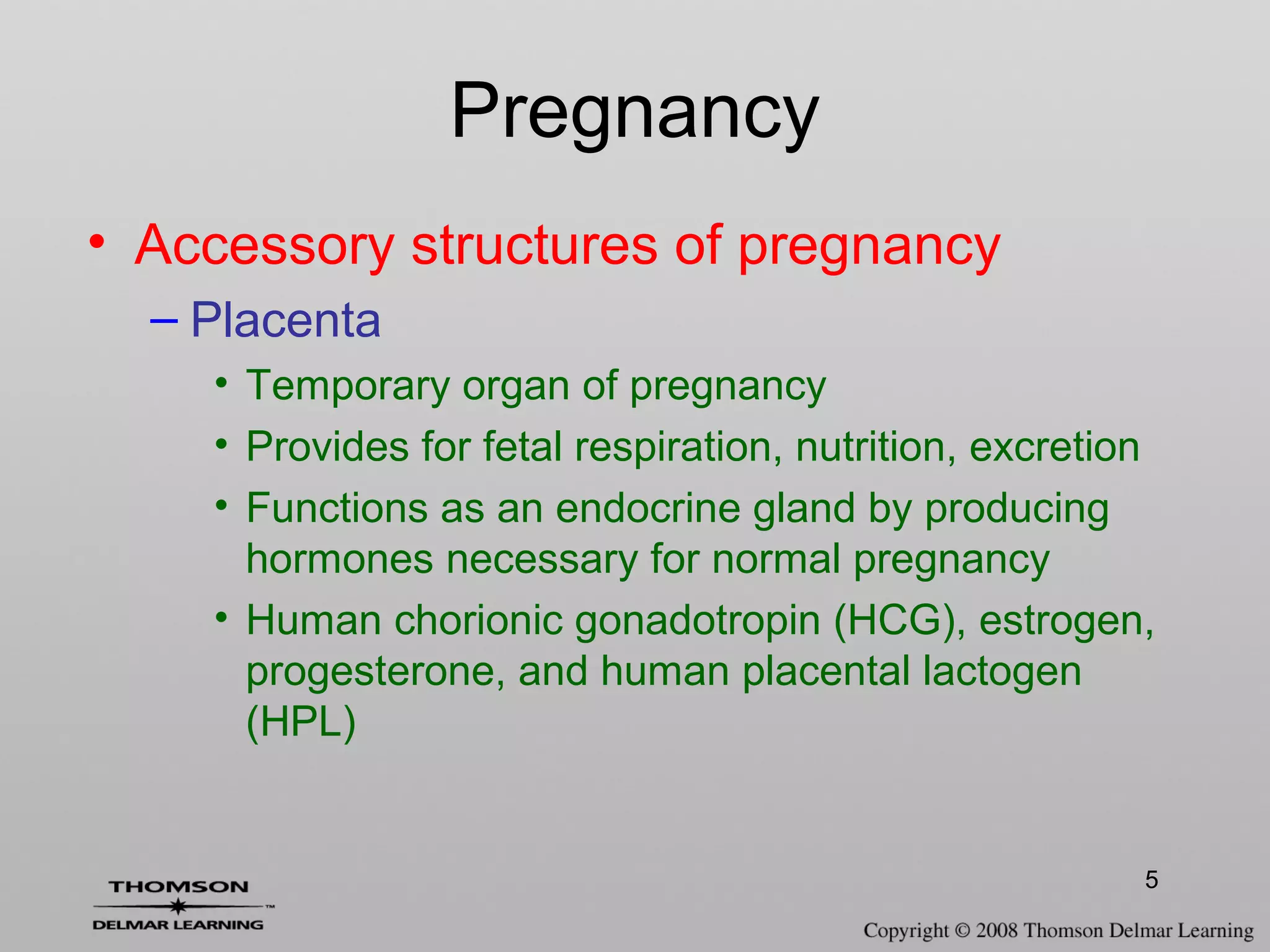 5
• Accessory structures of pregnancy
– Placenta
• Temporary organ of pregnancy
• Provides for fetal respiration, nutrition, excretion
• Functions as an endocrine gland by producing
hormones necessary for normal pregnancy
• Human chorionic gonadotropin (HCG), estrogen,
progesterone, and human placental lactogen
(HPL)
Pregnancy
 