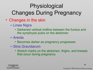 16
• Changes in the skin
– Linea Nigra
• Darkened vertical midline between the fundus and
the symphysis pubis on the abdomen
– Areola
• Becomes darker as pregnancy progresses
– Stria Gravidarum
• Stretch marks on the abdomen, thighs, and breasts
that occur during pregnancy
Physiological
Changes During Pregnancy
 
