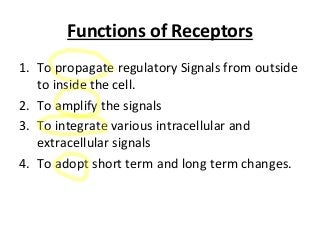Functions of Receptors
1. To propagate regulatory Signals from outside
to inside the cell.
2. To amplify the signals
3. To integrate various intracellular and
extracellular signals
4. To adopt short term and long term changes.
 