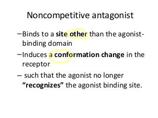 Noncompetitive antagonist
–Binds to a site other than the agonist-
binding domain
–Induces a conformation change in the
receptor
– such that the agonist no longer
“recognizes” the agonist binding site.
 