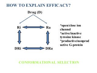 Drug (D)
Ri
DRi DRa
Ra
CONFORMATIONAL SELECTION
HOW TO EXPLAIN EFFICACY?
*open/close ion
channel
*active/inactive
tyrosine kinase
*productive/nonprod
uctive G-protein
 