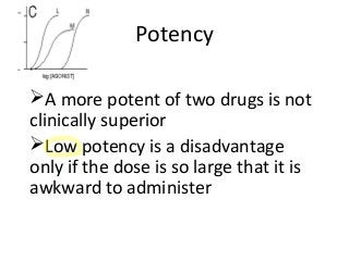 Potency
A more potent of two drugs is not
clinically superior
Low potency is a disadvantage
only if the dose is so large that it is
awkward to administer
 