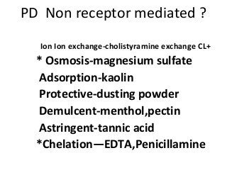 PD Non receptor mediated ?
Ion Ion exchange-cholistyramine exchange CL+
* Osmosis-magnesium sulfate
Adsorption-kaolin
Protective-dusting powder
Demulcent-menthol,pectin
Astringent-tannic acid
*Chelation—EDTA,Penicillamine
 