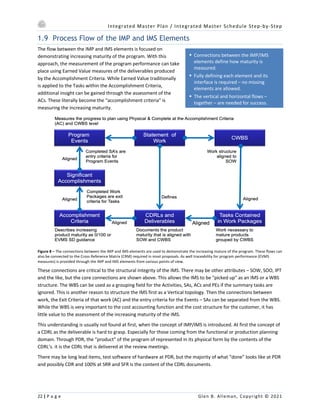 Integrated Master Plan / Integrated Master Schedule Step-by-Step
22 | P a g e Glen B. Alleman, Copyright © 2021
§ Connections between the IMP/IMS
elements define how maturity is
measured.
§ Fully defining each element and its
interface is required – no missing
elements are allowed.
§ The vertical and horizontal flows –
together – are needed for success.
1.9 Process Flow of the IMP and IMS Elements
The flow between the IMP and IMS elements is focused on
demonstrating increasing maturity of the program. With this
approach, the measurement of the program performance can take
place using Earned Value measures of the deliverables produced
by the Accomplishment Criteria. While Earned Value traditionally
is applied to the Tasks within the Accomplishment Criteria,
additional insight can be gained through the assessment of the
ACs. These literally become the “accomplishment criteria” is
measuring the increasing maturity.
Figure 8 – The connections between the IMP and IMS elements are used to demonstrate the increasing mature of the program. These flows can
also be connected to the Cross Reference Matrix (CRM) required in most proposals. As well traceability for program performance (EVMS
measures) is provided through the IMP and IMS elements from various points of view.
These connections are critical to the structural integrity of the IMS. There may be other attributes – SOW, SOO, IPT
and the like, but the core connections are shown above. This allows the IMS to be "picked up" as an IMS or a WBS
structure. The WBS can be used as a grouping field for the Activities, SAs, ACs and PEs if the summary tasks are
ignored. This is another reason to structure the IMS first as a Vertical topology. Then the connections between
work, the Exit Criteria of that work (AC) and the entry criteria for the Events – SAs can be separated from the WBS.
While the WBS is very important to the cost accounting function and the cost structure for the customer, it has
little value to the assessment of the increasing maturity of the IMS.
This understanding is usually not found at first, when the concept of IMP/IMS is introduced. At first the concept of
a CDRL as the deliverable is hard to grasp. Especially for those coming from the functional or production planning
domain. Through PDR, the “product” of the program of represented in its physical form by the contents of the
CDRL’s. it is the CDRL that is delivered at the review meetings.
There may be long lead items, test software of hardware at PDR, but the majority of what “done” looks like at PDR
and possibly CDR and 100% at SRR and SFR is the content of the CDRL documents.
 