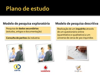 Modelo de pesquisa exploratório       Modelo de pesquisa descritiva
  Pesquisa de dados secundários        Realização de um inquérito através
  (estudos, artigos e documentação)    de um questionário online
                                       (quantitativo e qualitativo) a um
  Consulta de peritos da industria     universo de cerca de 300 inquiridos
 