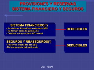 UPCV - PIADAP
PROVISIONES Y RESERVAS
SISTEMA FINANCIERO Y SEGUROS
SISTEMA FINANCIERO(*)
• Provisiones Específicas ordenadas SBS
• No forman parte del patrimonio
• Créditos y otros activos NO normal
SEGUROS Y REASEGUROS(*)
• Reservas ordenadas por SBS
•No forman parte del patrimonio
DEDUCIBLES
DEDUCIBLES
 
