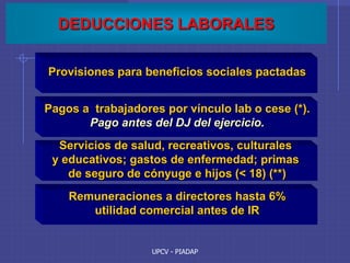 UPCV - PIADAP
DEDUCCIONES LABORALES
Provisiones para beneficios sociales pactadas
Pagos a trabajadores por vínculo lab o cese (*).
Pago antes del DJ del ejercicio.
Servicios de salud, recreativos, culturales
y educativos; gastos de enfermedad; primas
de seguro de cónyuge e hijos (< 18) (**)
Remuneraciones a directores hasta 6%
utilidad comercial antes de IR
 