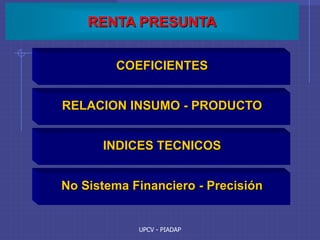 UPCV - PIADAP
RENTA PRESUNTA
COEFICIENTES
RELACION INSUMO - PRODUCTO
INDICES TECNICOS
No Sistema Financiero - Precisión
 