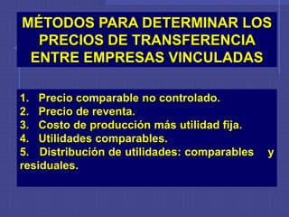 MÉTODOS PARA DETERMINAR LOS
PRECIOS DE TRANSFERENCIA
ENTRE EMPRESAS VINCULADAS
1. Precio comparable no controlado.
2. Precio de reventa.
3. Costo de producción más utilidad fija.
4. Utilidades comparables.
5. Distribución de utilidades: comparables y
residuales.
 