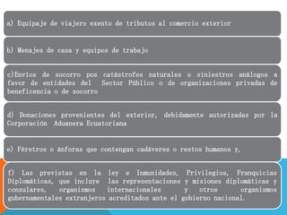 a) Equipaje de viajero exento de tributos al comercio exterior
b) Menajes de casa y equipos de trabajo
c)Envíos de socorro pos catástrofes naturales o siniestros análogos a
favor de entidades del Sector Público o de organizaciones privadas de
beneficencia o de socorro
d) Donaciones provenientes del exterior, debidamente autorizadas por la
Corporación Aduanera Ecuatoriana
e) Féretros o ánforas que contengan cadáveres o restos humanos y,
f) Las previstas en la ley e Inmunidades, Privilegios, Franquicias
Diplomáticas, que incluye las representaciones y misiones diplomáticas y
consulares, organismos internacionales y otros organismos
gubernamentales extranjeros acreditados ante el gobierno nacional.
 