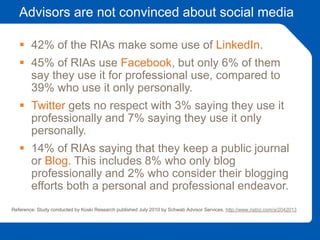 Advisors are not convinced about social media
 42% of the RIAs make some use of LinkedIn.
 45% of RIAs use Facebook, but only 6% of them
say they use it for professional use, compared to
39% who use it only personally.
 Twitter gets no respect with 3% saying they use it
professionally and 7% saying they use it only
personally.
 14% of RIAs saying that they keep a public journal
or Blog. This includes 8% who only blog
professionally and 2% who consider their blogging
efforts both a personal and professional endeavor.
Reference: Study conducted by Koski Research published July 2010 by Schwab Advisor Services. http://www.riabiz.com/a/2042013
 