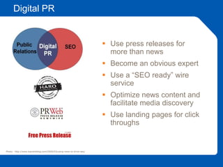 Digital PR
 Use press releases for
more than news
 Become an obvious expert
 Use a “SEO ready” wire
service
 Optimize news content and
facilitate media discovery
 Use landing pages for click
throughs
Photo: http://www.toprankblog.com/2009/03/using-news-to-drive-seo/
Photo: http://www.toprankblog.com/2009/03/using-news-to-drive-seo/
 