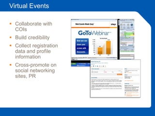 Virtual Events
 Collaborate with
COIs
 Build credibility
 Collect registration
data and profile
information
 Cross-promote on
social networking
sites, PR
 