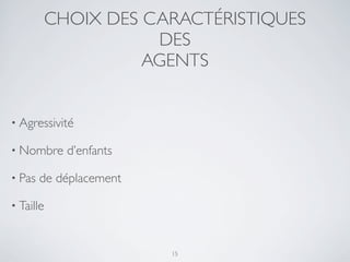CHOIX DES CARACTÉRISTIQUES
DES
AGENTS
• Agressivité
• Nombre d’enfants
• Pas de déplacement
• Taille
15
 