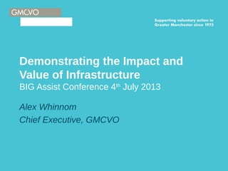 Demonstrating the Impact and
Value of Infrastructure
BIG Assist Conference 4th
July 2013
Alex Whinnom
Chief Executive, GMCVO
 