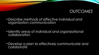 OUTCOMES
• Describe methods of effective individual and
organization communication
• Identify areas of individual and organizational
collaboration
• Develop a plan to effectively communicate and
collaborate
 