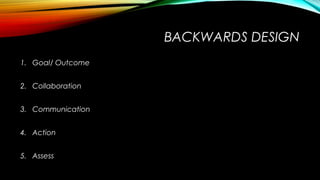 BACKWARDS DESIGN
1. Goal/ Outcome
2. Collaboration
3. Communication
4. Action
5. Assess
 