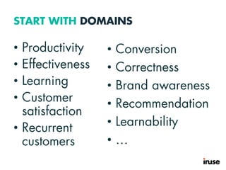 START WITH DOMAINS
• Productivity
• Effectiveness
• Learning
• Customer
satisfaction
• Recurrent
customers
• Conversion
• Correctness
• Brand awareness
• Recommendation
• Learnability
• …
 