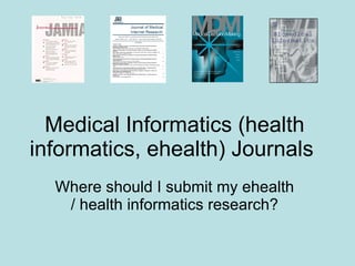 Medical Informatics (health informatics, ehealth) Journals  Where should I submit my ehealth / health informatics research? 