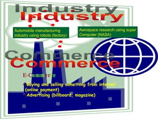 Industry Automobile manufacturing industry using robots (factory) Aerospace research using super Computer (NASA) Commerce E-C omm er ce Buying and selling something from internet (online payment) Advertising (billboard, magazine)