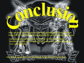 Conclusion http://www.btinternet.com/~keithcparry/ictgnvq/Unit12/unit12.pdf Help set short term targets with an appropriate person and plan how these will be met.Then,take responsibility for some decision obout your Using your plan and support from other to help meet targets. Review progress with an appropriate person and privide evidence of Your achivements.