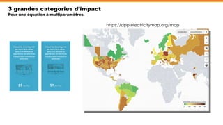 3 grandes categories d’impact
Pour une équation à multiparamètres
https://app.electricitymap.org/map
 