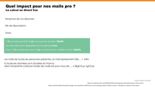 Quel impact pour nos mails pro ?
Le calcul en direct live
https://sustainability.stackexchange.com/questions/6995/how-much-energy-does-it-take-to-store-1-terabyte-of-data-in-the-cloud
https://codeascraft.com/2020/04/23/cloud-jewels-estimating-kwh-in-the-cloud/
Cloud carbon footprint
Moyenne de vos réponses :
Nb de répondants :
Total :
1 To stocké pendant 1 an consomme environ 10kWh
Les données sont répliquées en moyenne 3 fois
Donc 1 To stocké pendant 1 an consomme en réalité environ 30kWh
Les mails de toutes les personnes présentes ce midi représentent 30x… = kWh
Si toutes les données sont stockées en France,
alors l’empreinte carbone totale des mails est pour nous de … x 58gCO2e =gCO2e
 